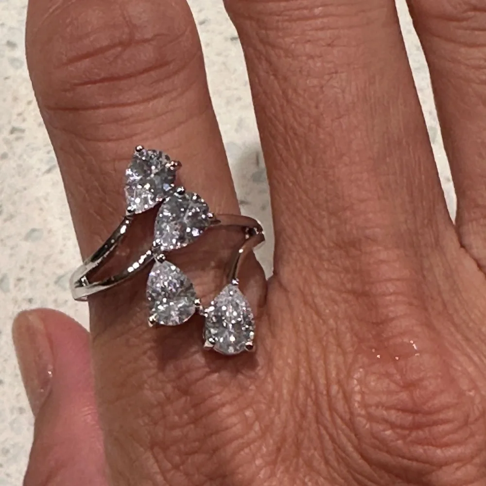 Swarovski Pear Cut Crystal Bypass Ring Sterling Silver Women's Elegant 8.75
